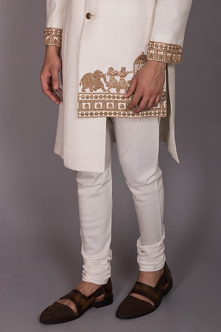 Ivory Silk Zardosi Embroidered & Pleated Indo-Western Set by PKIN at Pernia's Pop Up Shop