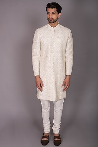 Ivory Silk Cutdana Embroidered Sherwani Set by PKIN