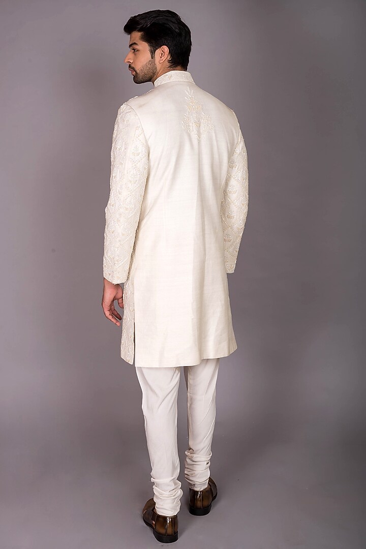 Ivory Silk Cutdana Embroidered Groom Sherwani Set by PKIN at Pernia's Pop Up Shop