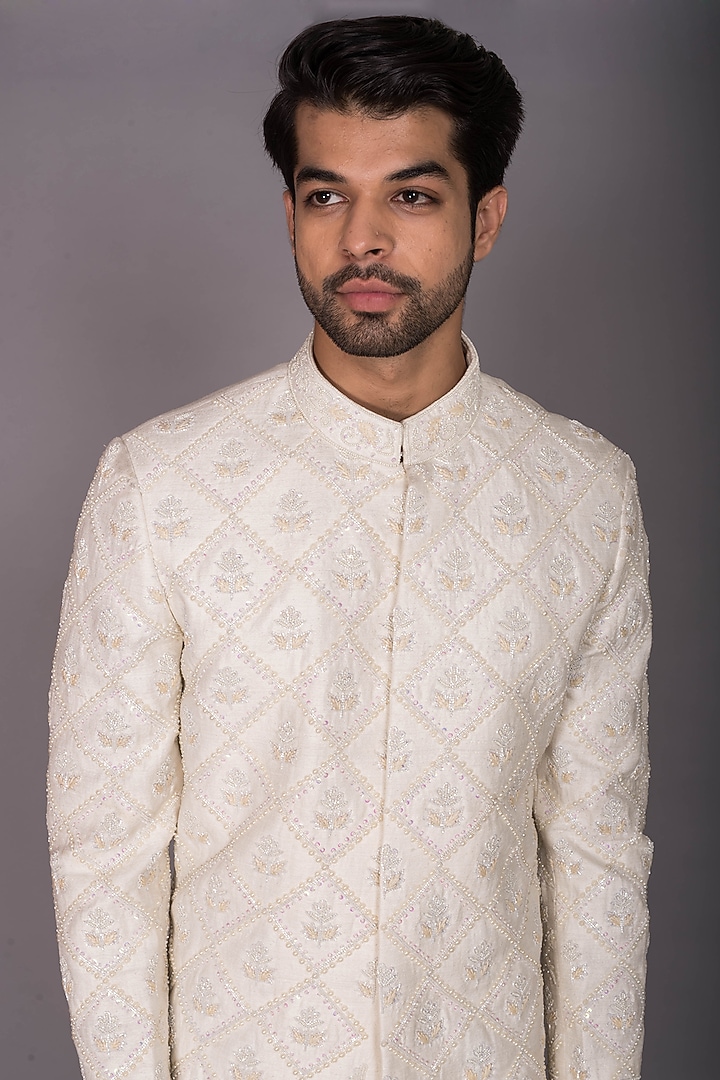 Ivory Silk Cutdana Embroidered Groom Sherwani Set by PKIN at Pernia's Pop Up Shop