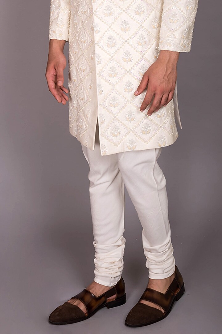 Ivory Silk Cutdana Embroidered Groom Sherwani Set by PKIN at Pernia's Pop Up Shop