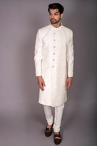 Ivory Silk Cutdana Embroidered Indo-Western Set by PKIN