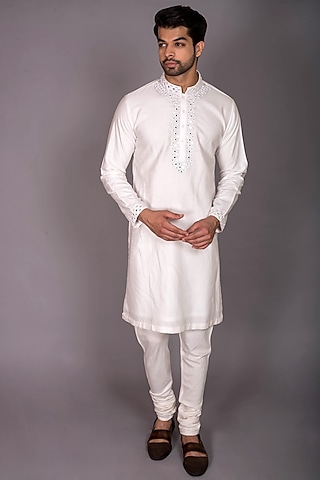 Ivory Silk Mirror Work Kurta Set by PKIN