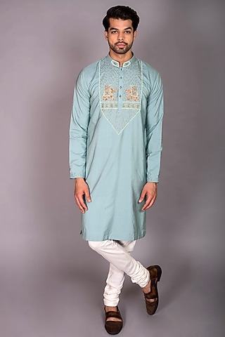 Blue Poly Silk Zardosi Work Kurta Set by PKIN
