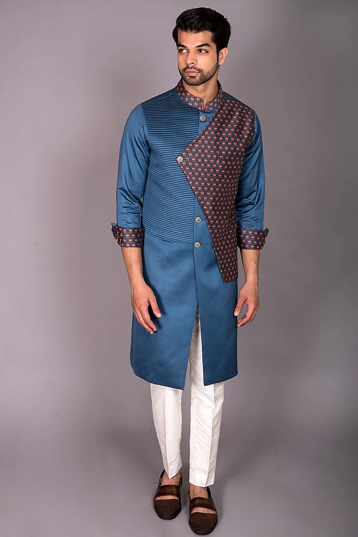 Blue Cotton Satin & Chanderi Silk Printed Jacket Kurta Set by PKIN
