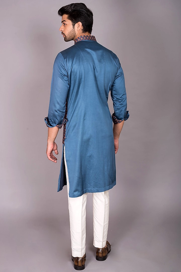 Blue Cotton Satin & Chanderi Silk Printed Jacket Kurta Set by PKIN at Pernia's Pop Up Shop