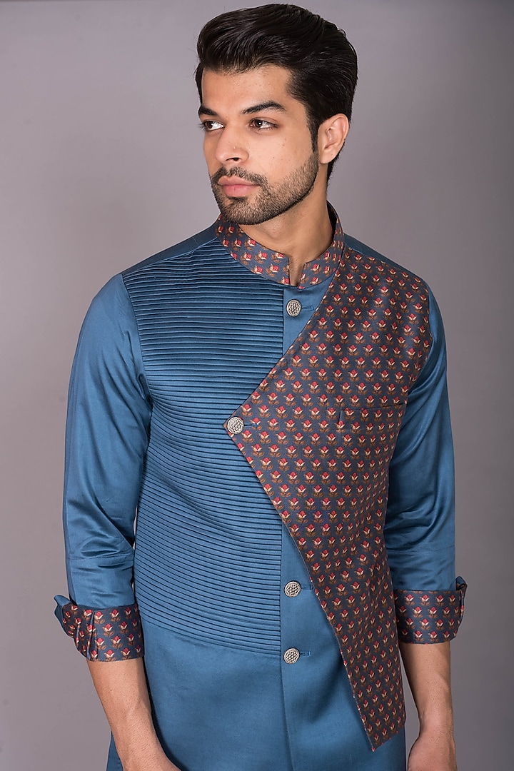 Blue Cotton Satin & Chanderi Silk Printed Jacket Kurta Set by PKIN at Pernia's Pop Up Shop