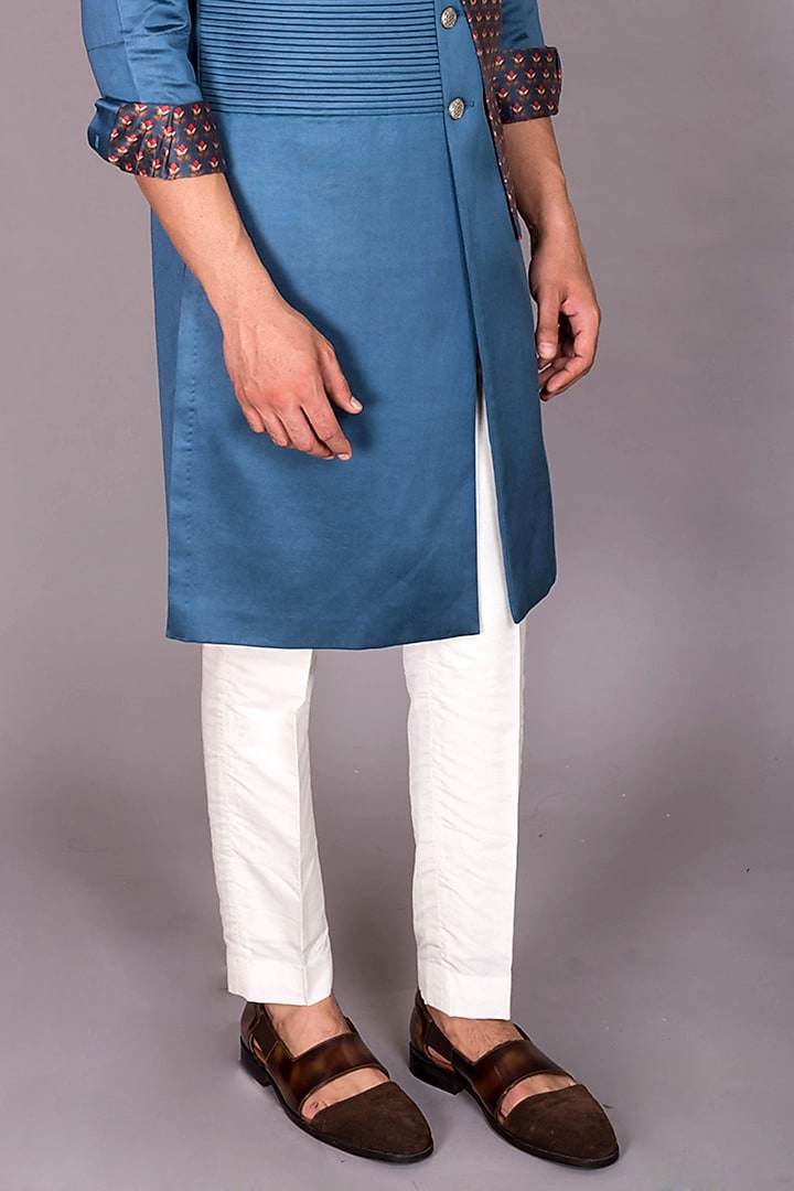 Blue Cotton Satin & Chanderi Silk Printed Jacket Kurta Set by PKIN at Pernia's Pop Up Shop
