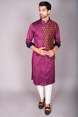 Wine Cotton Satin & Chanderi Silk Printed Jacket Kurta Set by PKIN
