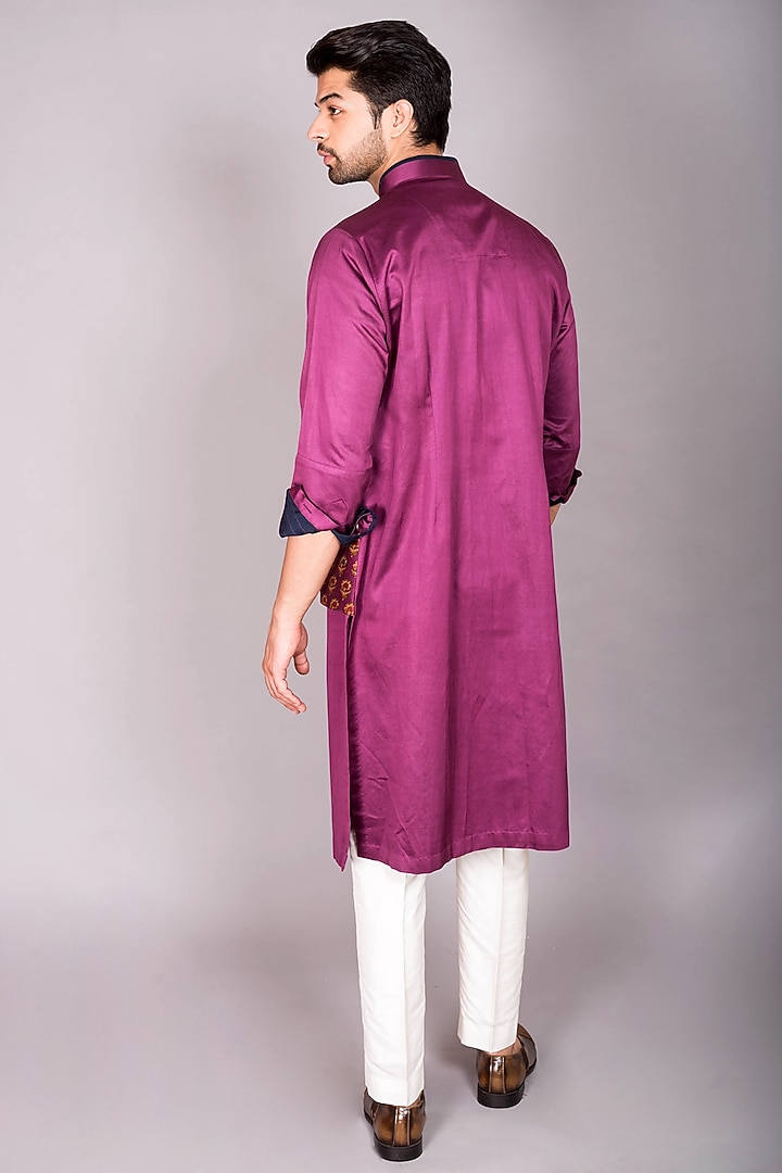 Wine Cotton Satin & Chanderi Silk Printed Jacket Kurta Set by PKIN at Pernia's Pop Up Shop