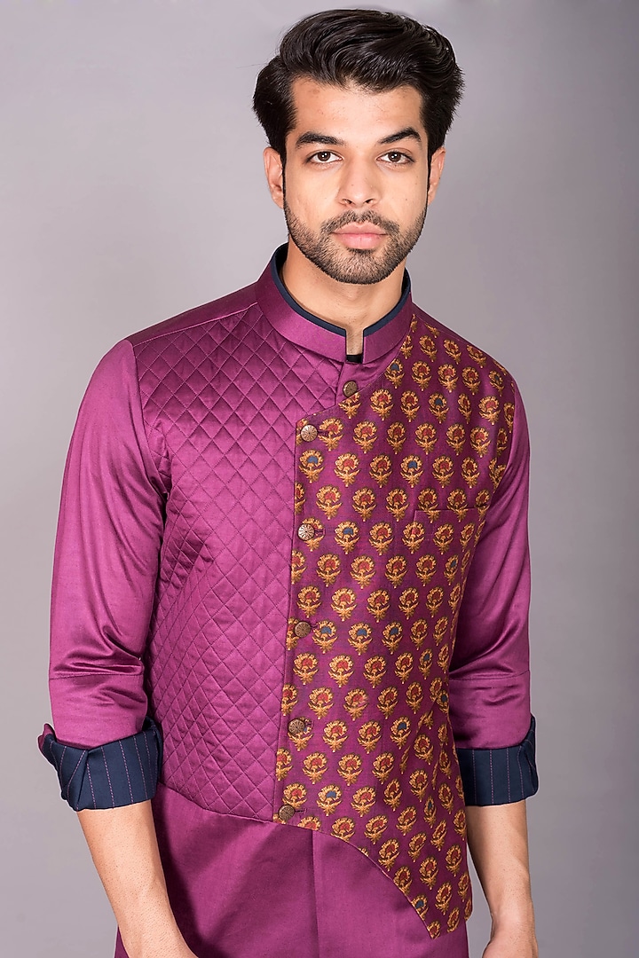 Wine Cotton Satin & Chanderi Silk Printed Jacket Kurta Set by PKIN at Pernia's Pop Up Shop
