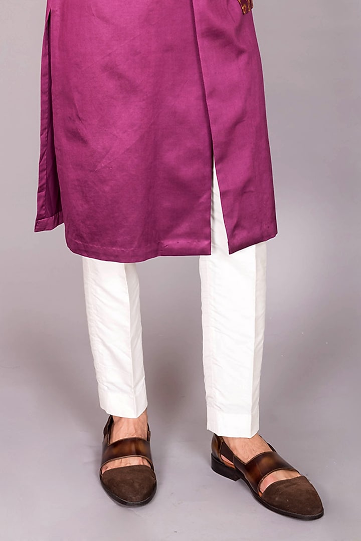 Wine Cotton Satin & Chanderi Silk Printed Jacket Kurta Set by PKIN at Pernia's Pop Up Shop