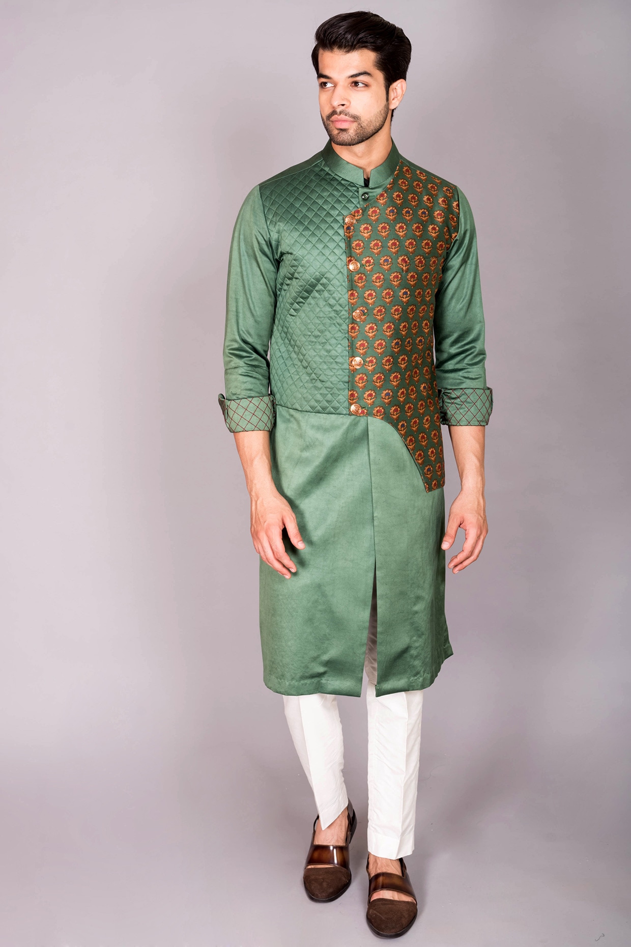 Buy Green Jacket- Georgette Embroidered Chikankari Harit Open And Kurta Set  For Men by Bohame Online at Aza Fashions.