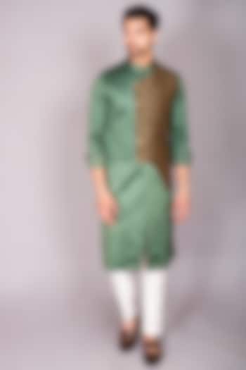 Green Cotton Satin & Chanderi Silk Printed Jacket Kurta Set by PKIN