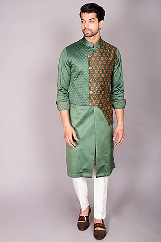 Buy Pista Green Kurta Jacket Set by Designer SONIYA.G Men Online at