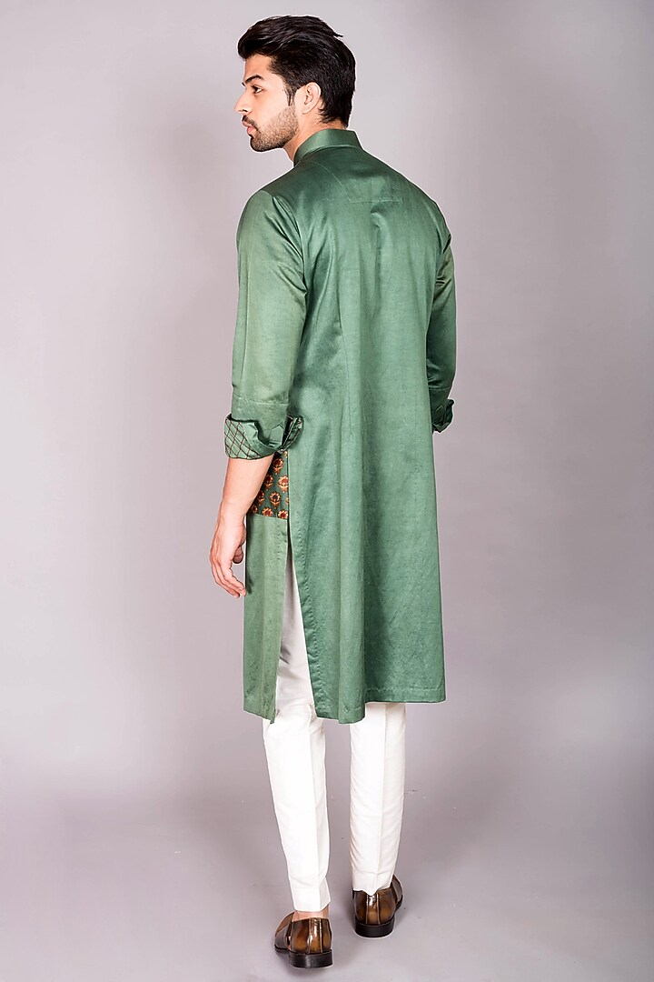 Green Cotton Satin & Chanderi Silk Printed Jacket Kurta Set by PKIN at Pernia's Pop Up Shop