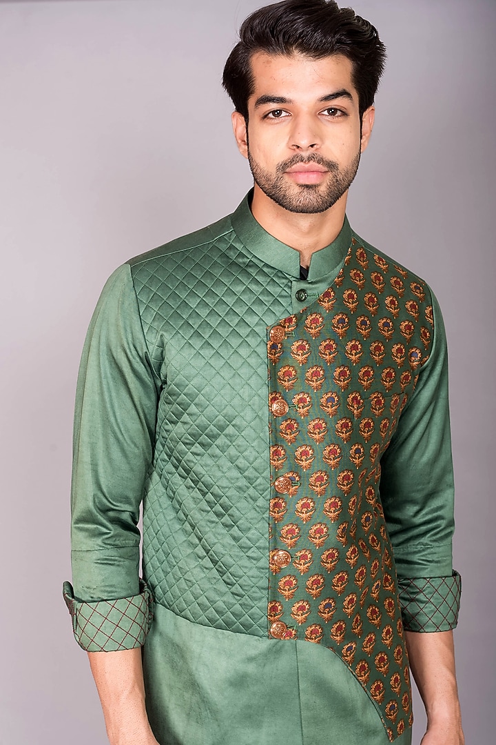 Green Cotton Satin & Chanderi Silk Printed Jacket Kurta Set by PKIN at Pernia's Pop Up Shop