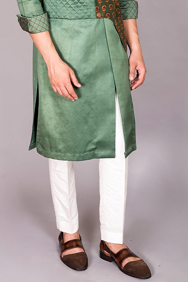 Green Cotton Satin & Chanderi Silk Printed Jacket Kurta Set by PKIN at Pernia's Pop Up Shop