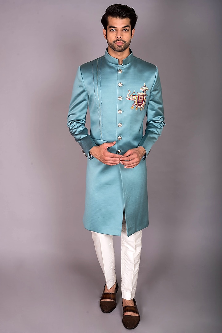 Teal Blue Satin Silk Thread Embroidered Indo-Western Set by PKIN