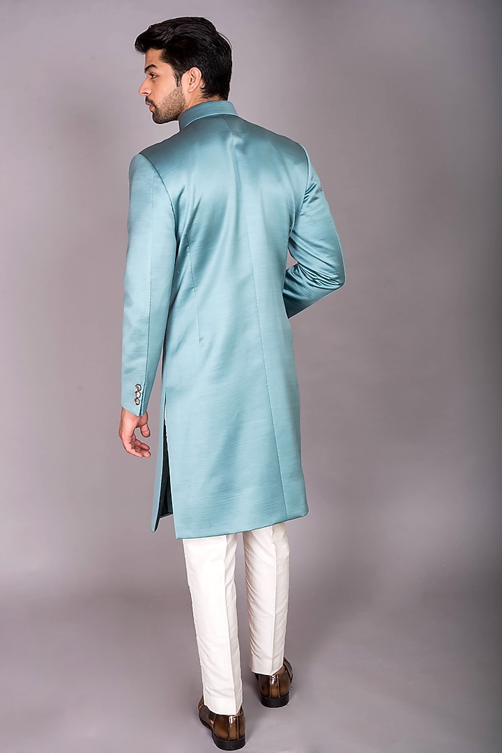 Teal Blue Satin Silk Thread Embroidered Indo-Western Set by PKIN at Pernia's Pop Up Shop