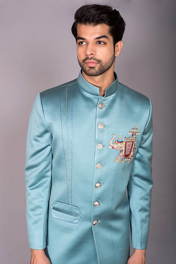 Teal Blue Satin Silk Thread Embroidered Indo-Western Set by PKIN at Pernia's Pop Up Shop