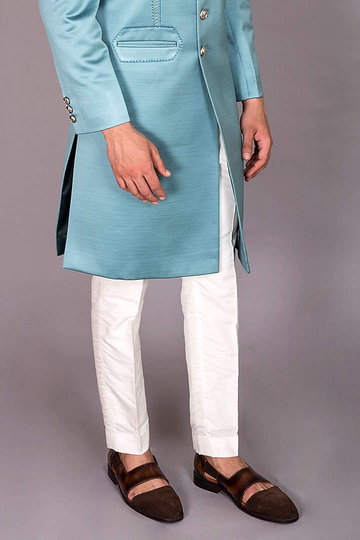 Teal Blue Satin Silk Thread Embroidered Indo-Western Set by PKIN at Pernia's Pop Up Shop