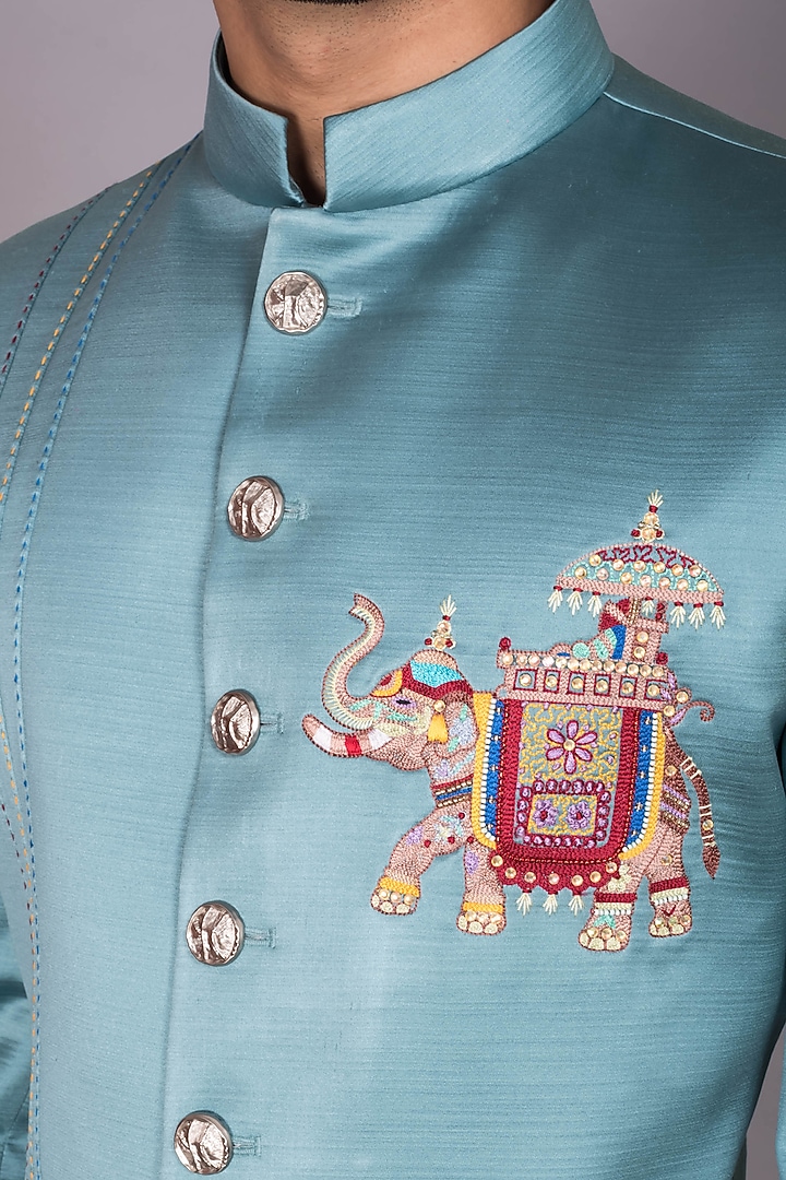 Teal Blue Satin Silk Thread Embroidered Indo-Western Set by PKIN at Pernia's Pop Up Shop