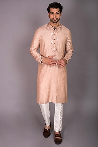 Peach Silk Gota Patti Kurta Set by PKIN