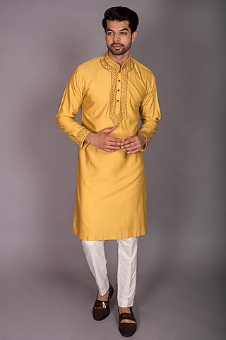 Yellow Poly Silk Cutdana Embroidered Kurta Set by PKIN