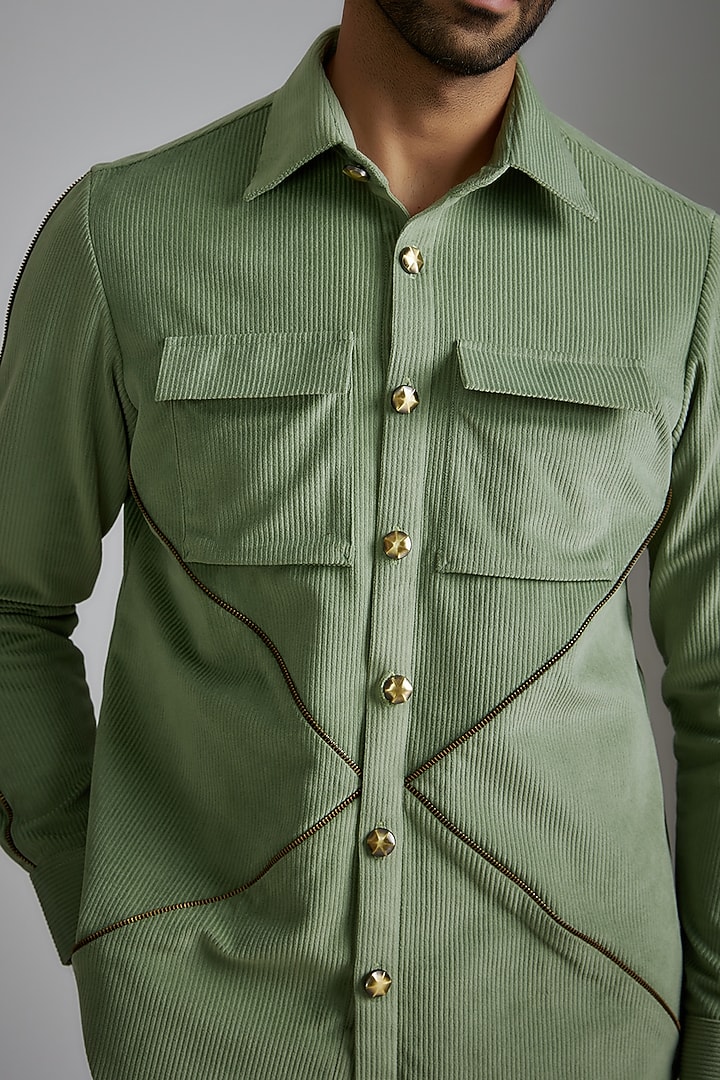 Pista Green Corduroy Party Wear Shirt by P.S PANKAJ SONI at Pernia's Pop Up Shop
