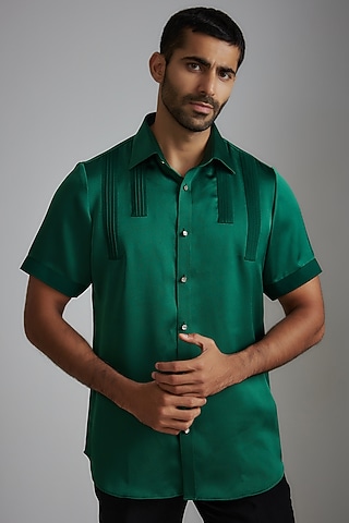Bottle Green Satin Crepe Shirt by P.S PANKAJ SONI