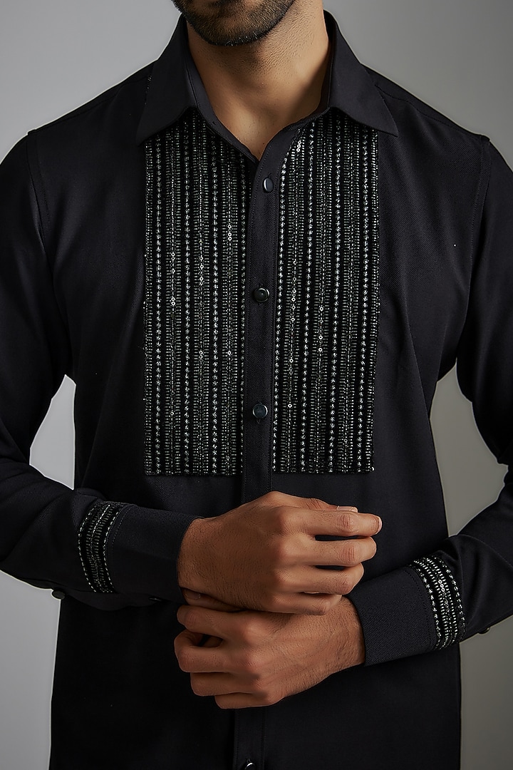 Black Japanese Poly Embroidered Party Wear Shirt by P.S PANKAJ SONI at Pernia's Pop Up Shop