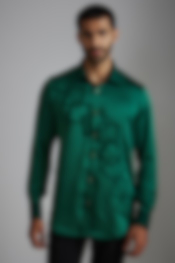 Green Satin Crepe Embroidered Shirt by P.S PANKAJ SONI