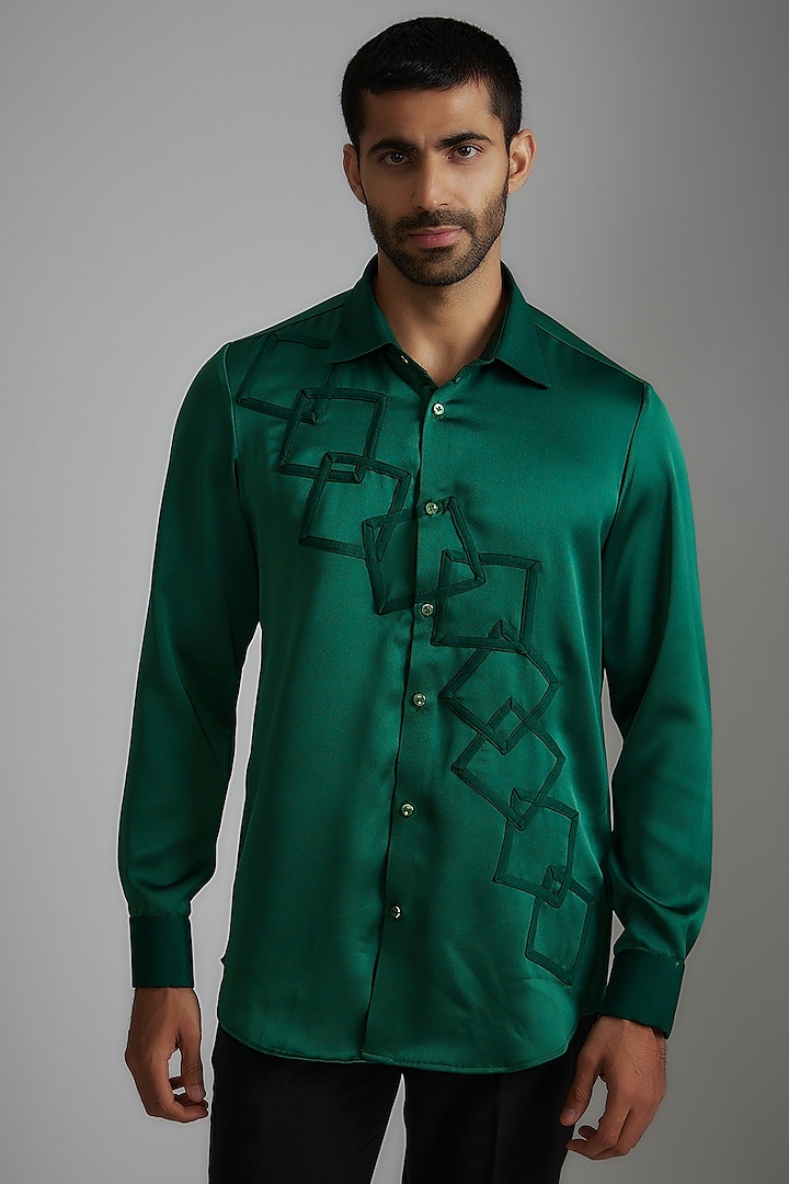 Green Satin Crepe Embroidered Shirt by P.S PANKAJ SONI