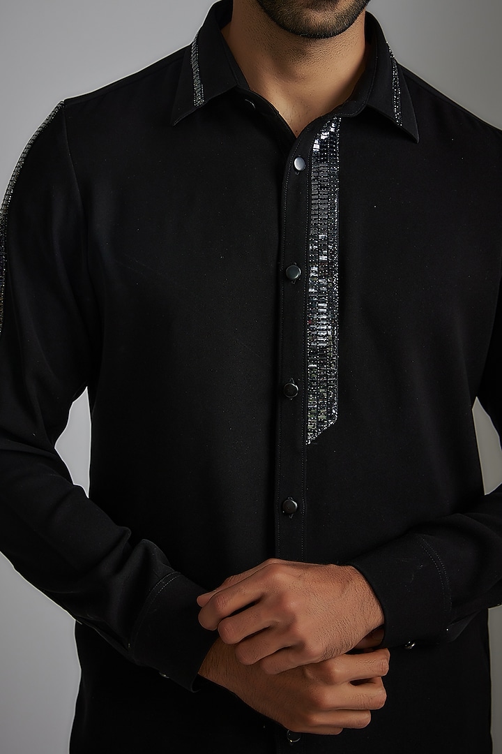 Black Japanese Poly Party Wear Shirt by P.S PANKAJ SONI at Pernia's Pop Up Shop