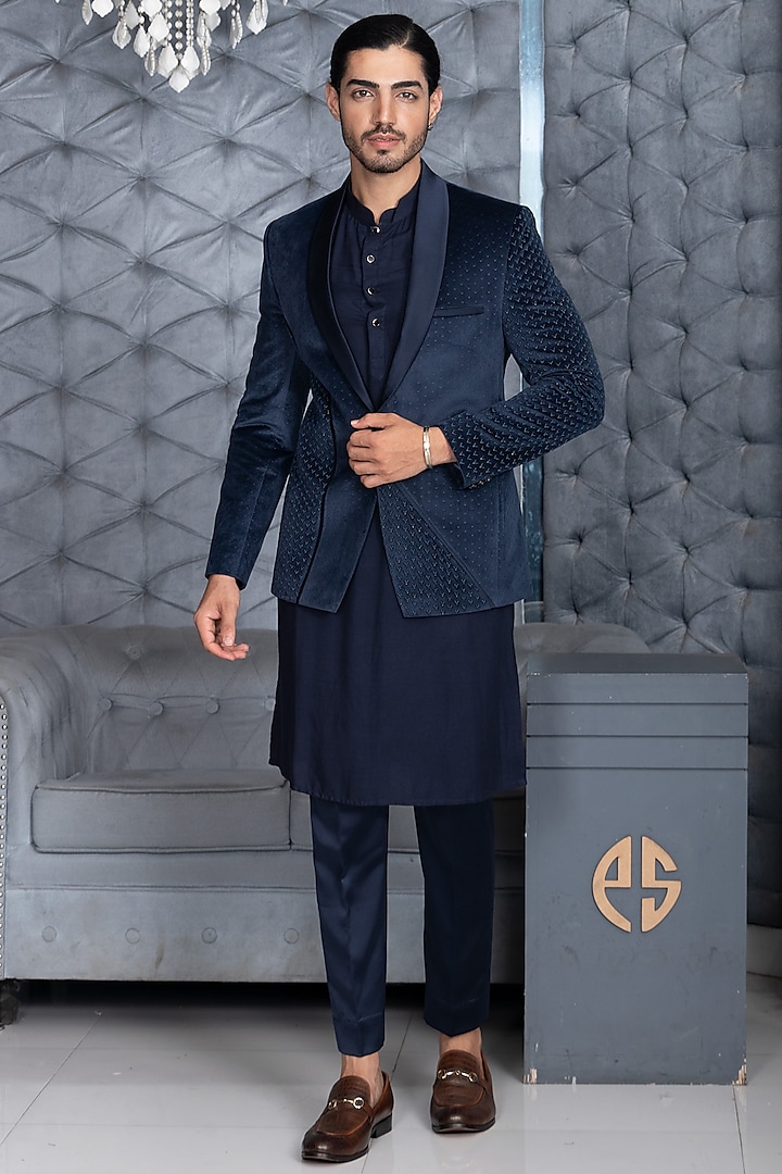 Navy Blue Velvet Indowestern Set by P.S PANKAJ SONI