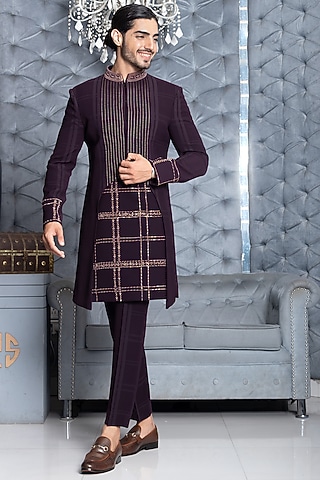 Wine Embroidered Sherwani Set by P.S PANKAJ SONI