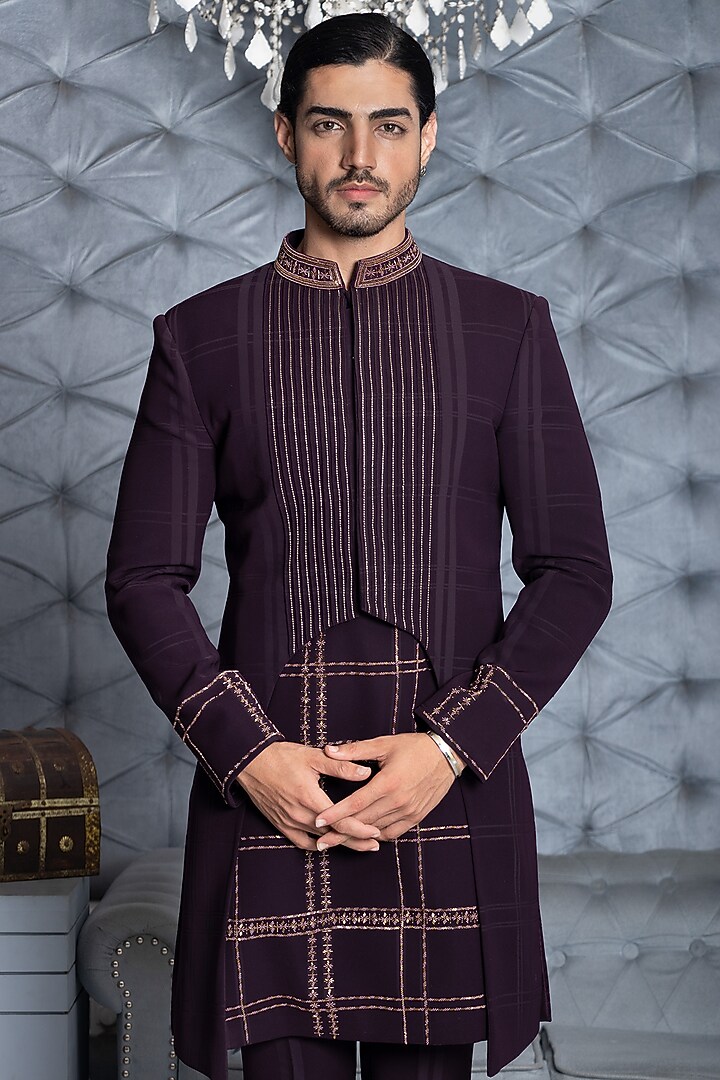Wine Embroidered Wedding Sherwani Set by P.S PANKAJ SONI at Pernia's Pop Up Shop