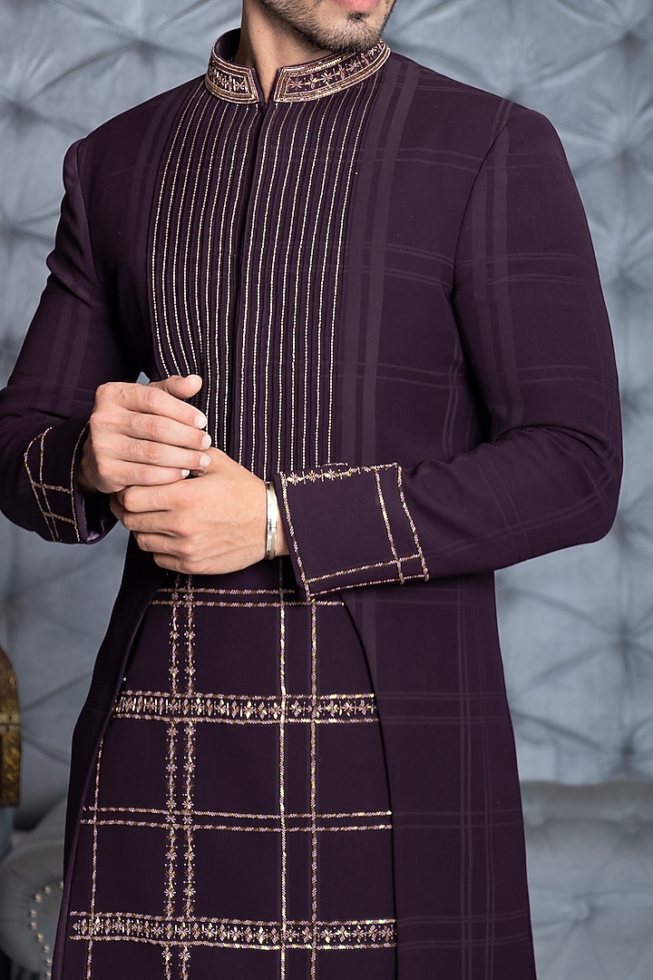 Wine Embroidered Wedding Sherwani Set by P.S PANKAJ SONI at Pernia's Pop Up Shop