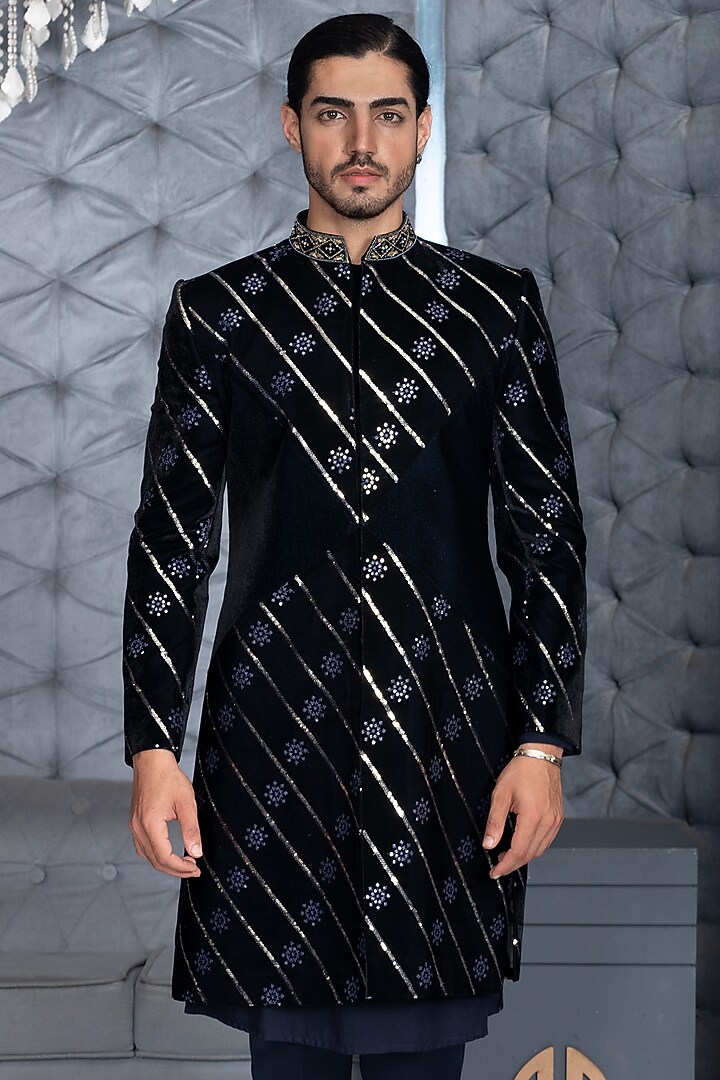Blue Velvet Sequins Embroidered Wedding Sherwani Set by P.S PANKAJ SONI at Pernia's Pop Up Shop
