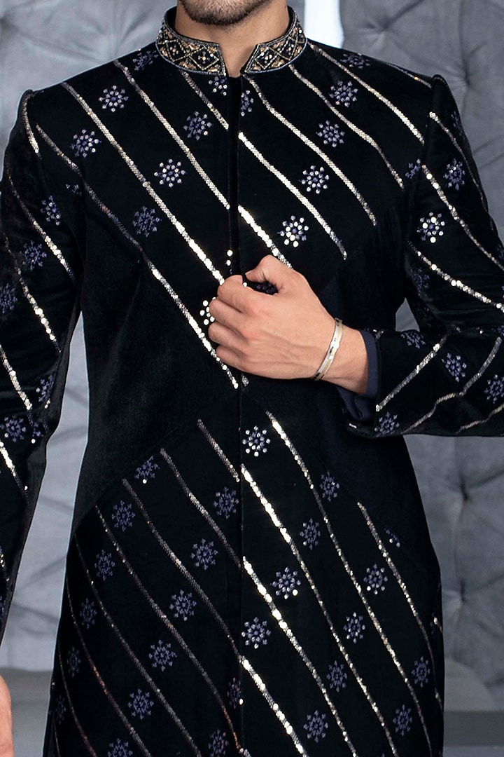Blue Velvet Sequins Embroidered Wedding Sherwani Set by P.S PANKAJ SONI at Pernia's Pop Up Shop
