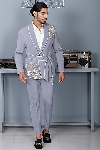 Grey Embroidered Tuxedo Set by P.S PANKAJ SONI