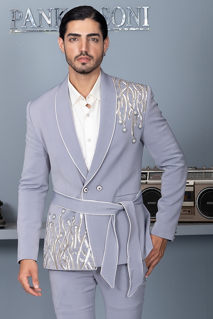 Grey Embroidered Tuxedo Set by P.S PANKAJ SONI at Pernia's Pop Up Shop