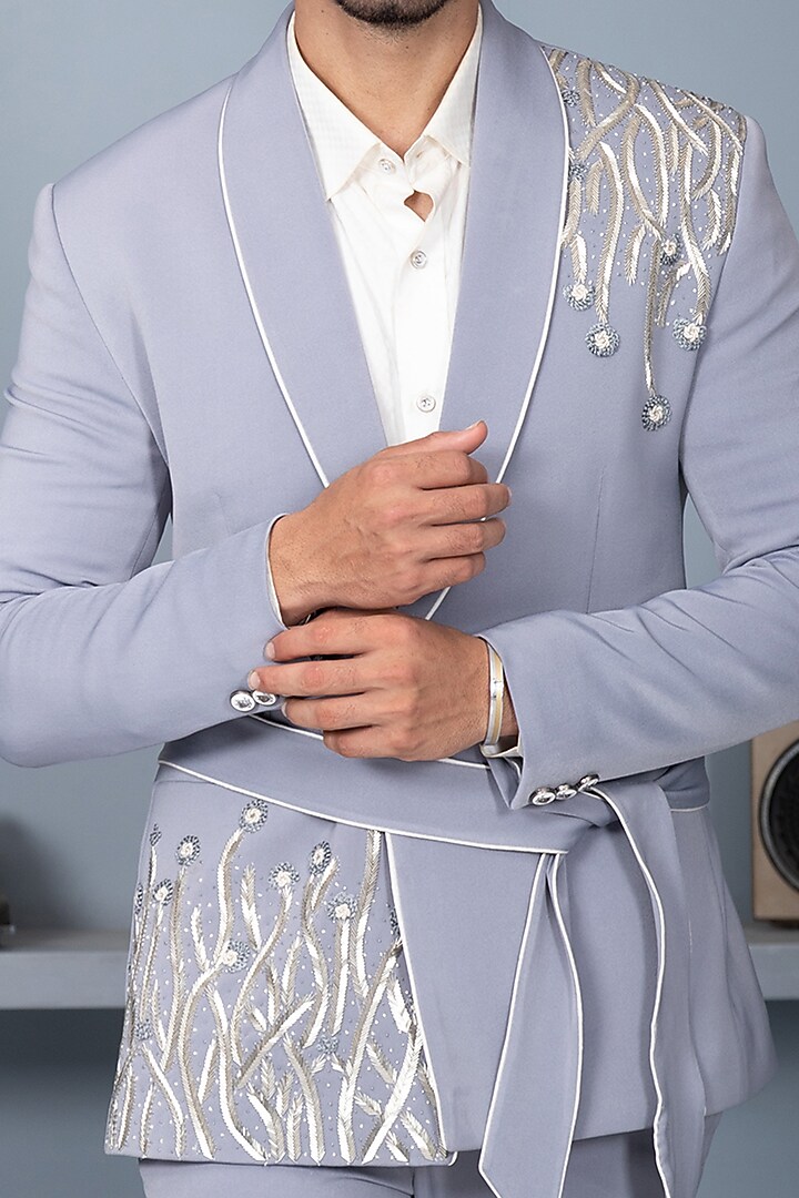 Grey Embroidered Tuxedo Set by P.S PANKAJ SONI at Pernia's Pop Up Shop