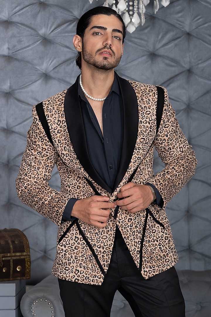Beige Printed Tuxedo Set by P.S PANKAJ SONI at Pernia's Pop Up Shop
