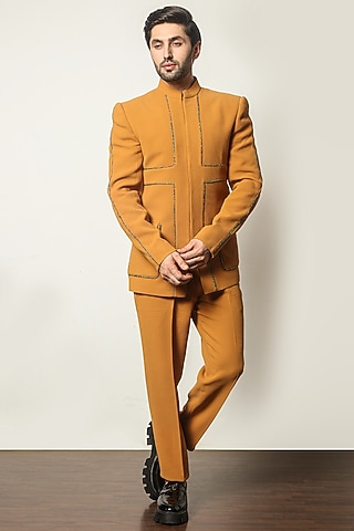Mustard Dobby Cotton Bandhgala Set by P.S PANKAJ SONI
