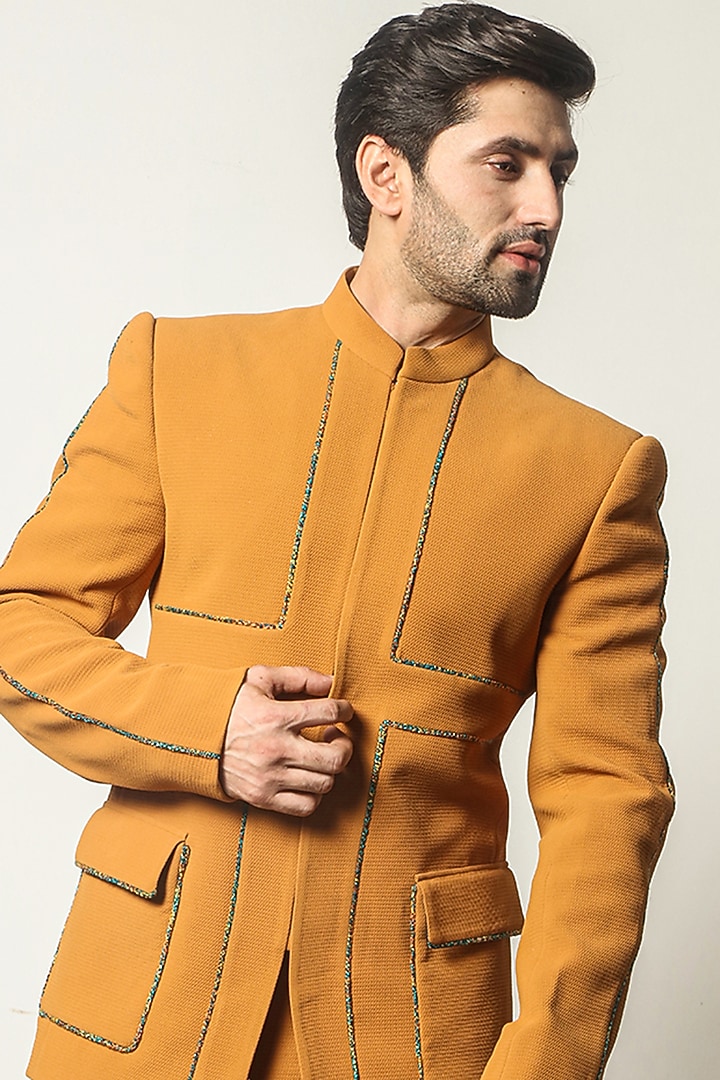 Mustard Dobby Cotton Wedding Bandhgala Set by P.S PANKAJ SONI at Pernia's Pop Up Shop