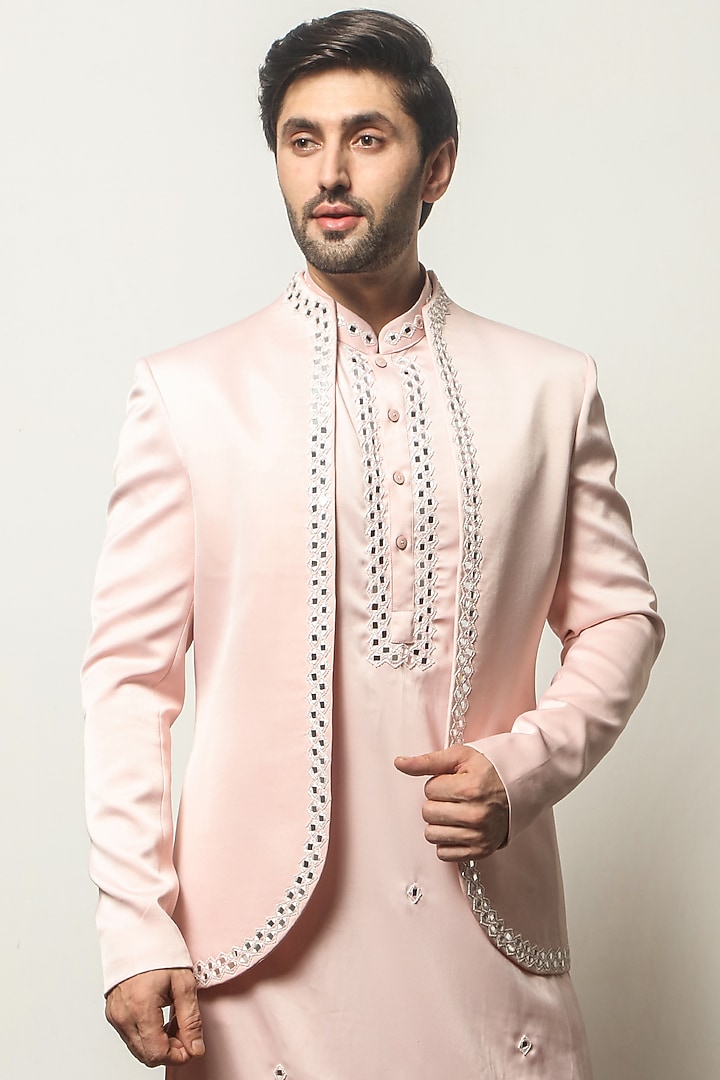 Pastel Pink Satin Kurta Set With Wedding Indowestern Jacket by P.S PANKAJ SONI at Pernia's Pop Up Shop