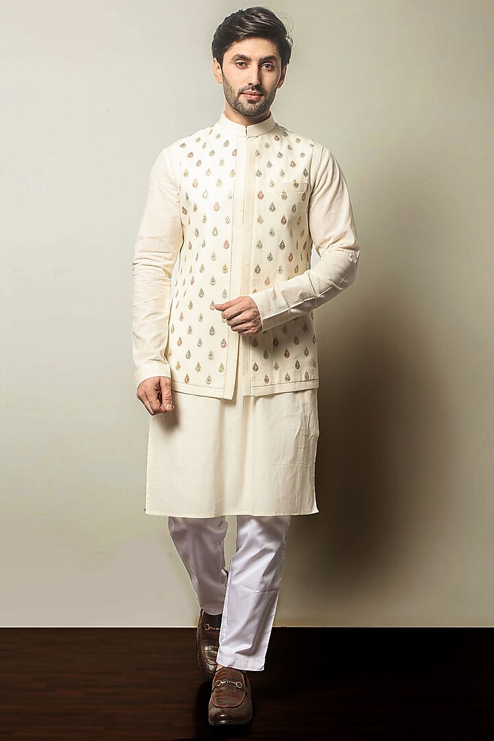 Off-White Khadi Kurta Set With Bundi Jacket by P.S PANKAJ SONI