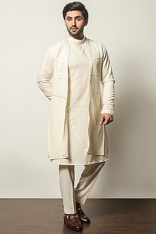 Cream Crepe Indo-Western Jacket Set by P.S PANKAJ SONI